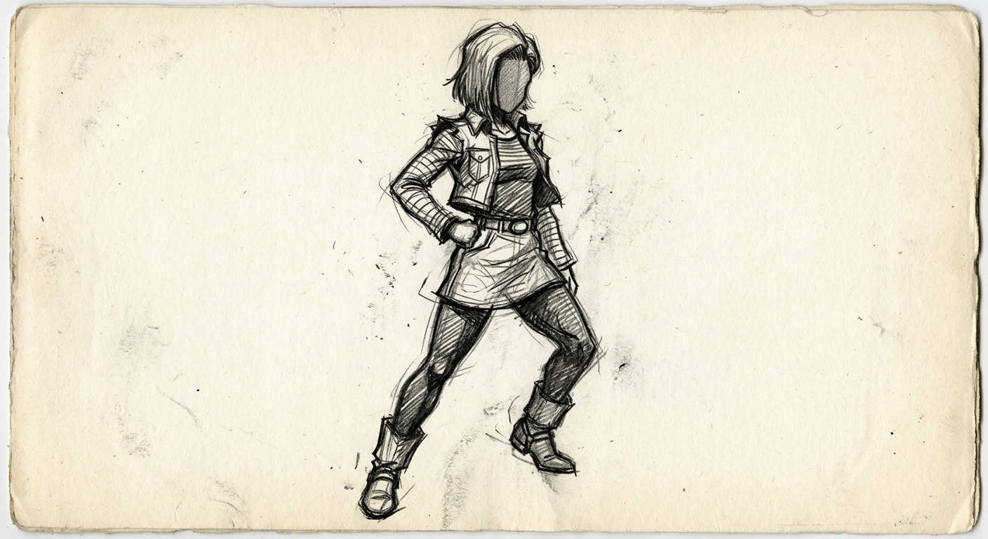 Android 18 cosplay reference — sketch placeholder
